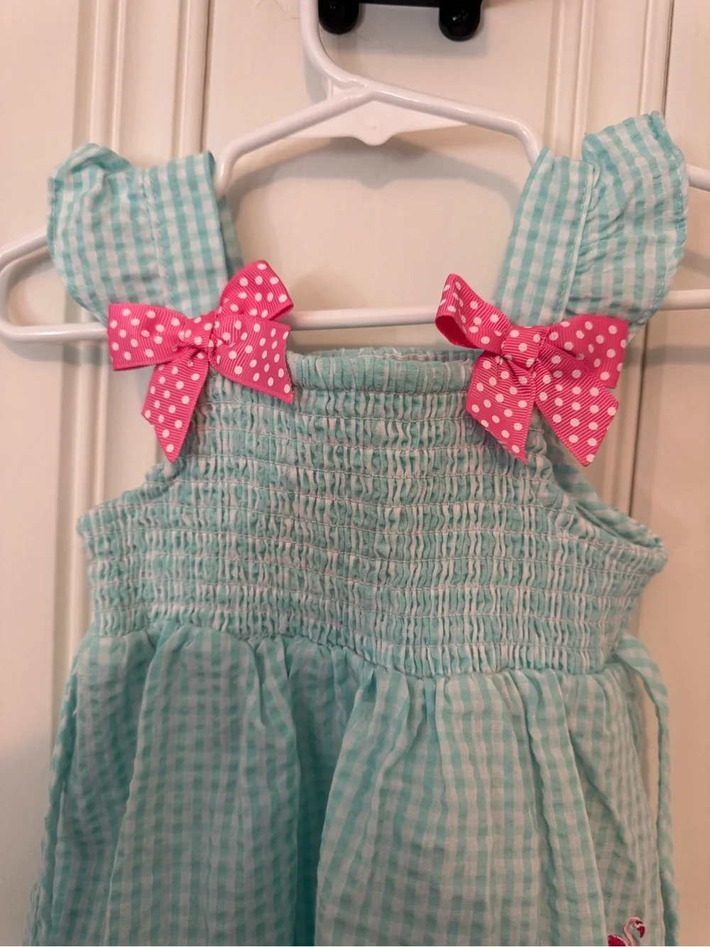 Aqua Gingham Smocked Sundress with Pink Bow Accents - Kids